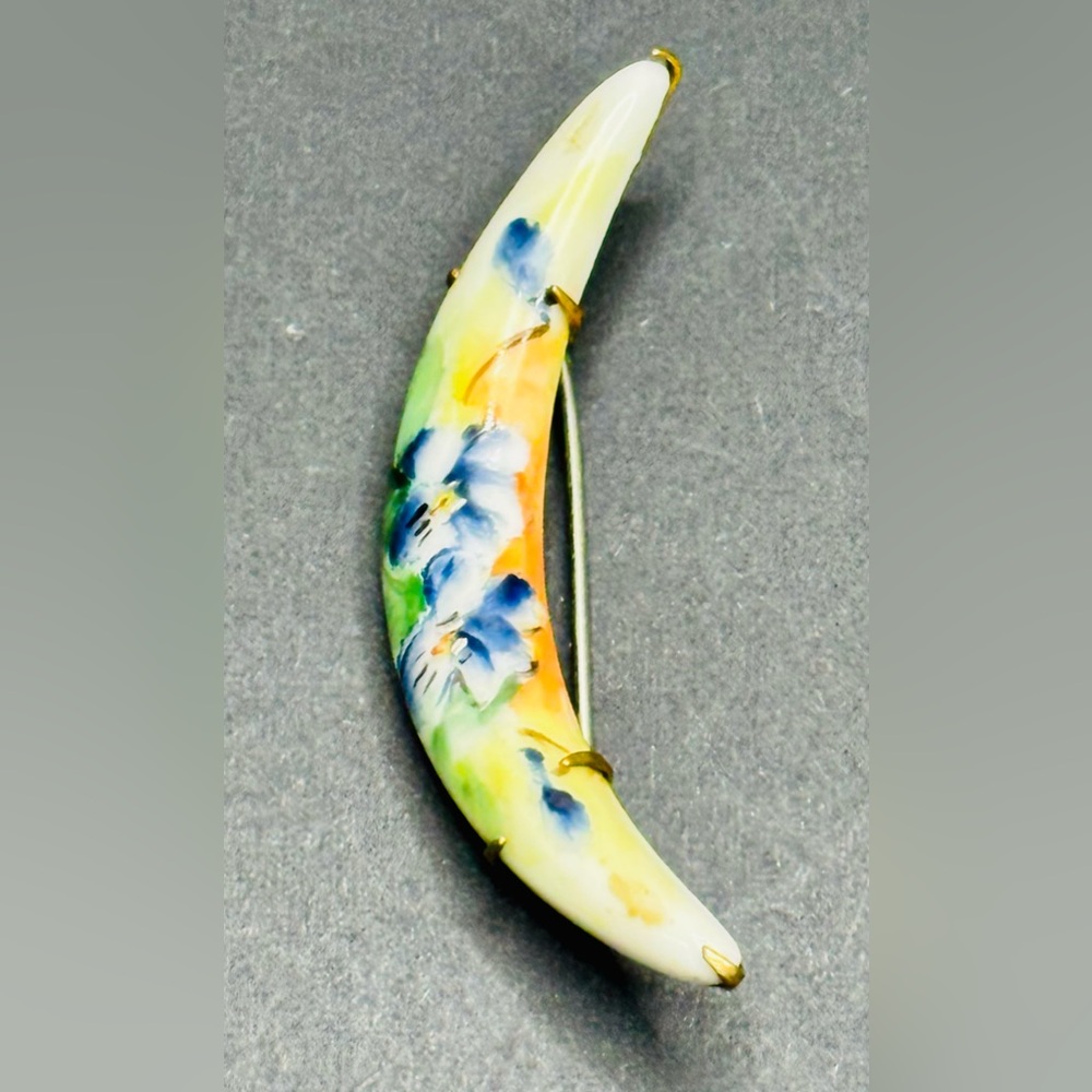 Antique porcelain crescent moon hand painted brooch